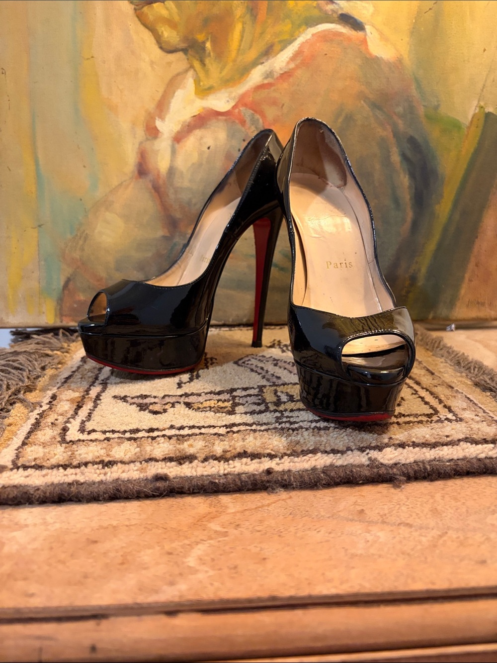 Christian Louboutin Black Patent Peep-Toe Platform Pumps SZ 36.5